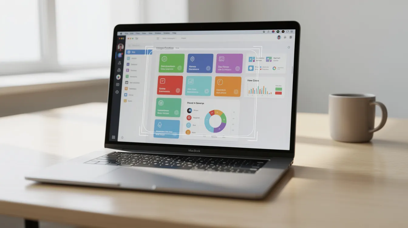 A MacBook screen showing a snipping crosshair selection box being dragged across an app window