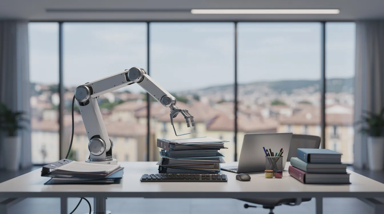 Un bras robotique organise des documents sur un bureau, symbolisant l'automatisation des tâches répétitives pour une PME à Aubagne.