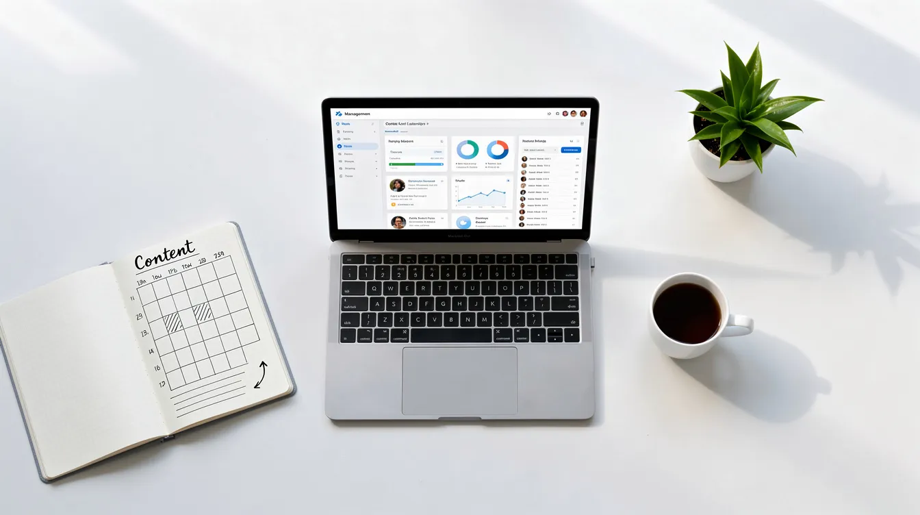 A desk with a laptop and a content calendar, representing the process of outsourcing blog writing.