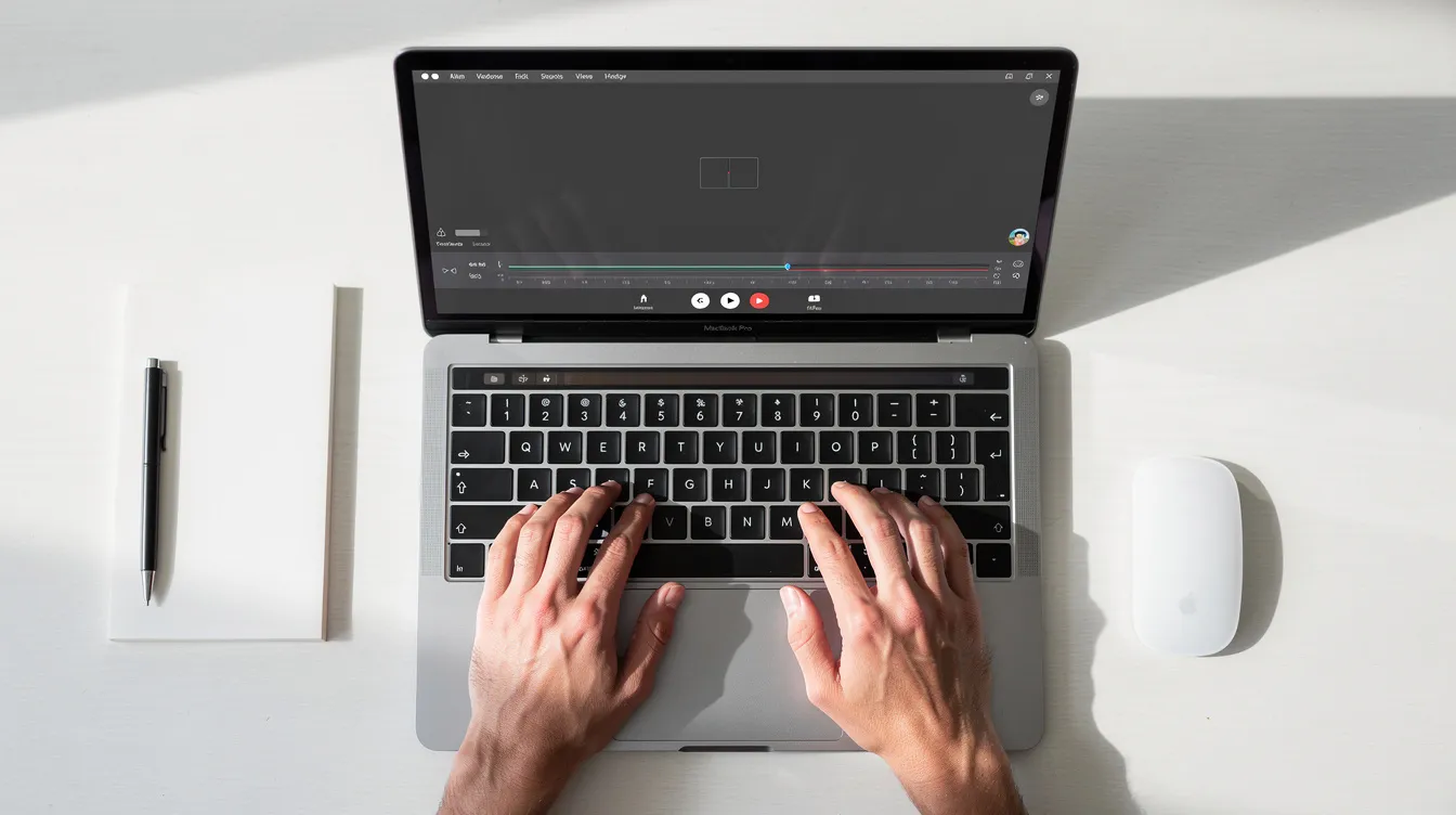 A person's hands using the Command Shift 5 shortcut on a MacBook Pro keyboard to start a screen recording.