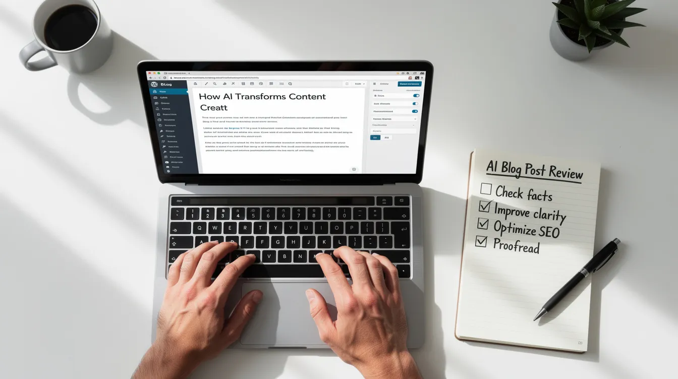 A person reviewing an AI-generated blog post in the WordPress editor before publishing, following a checklist.