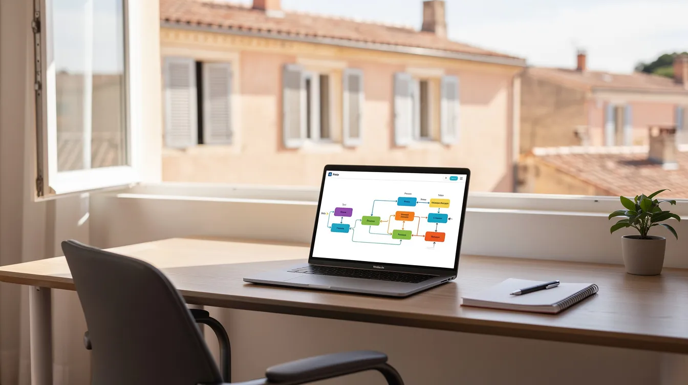 Automatisation des tâches répétitives dans un bureau moderne à Aix-en-Provence, avec un schéma de workflow sur un écran.