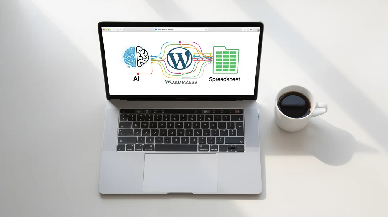 A laptop screen showing an n8n workflow for automating a WordPress blog with AI.