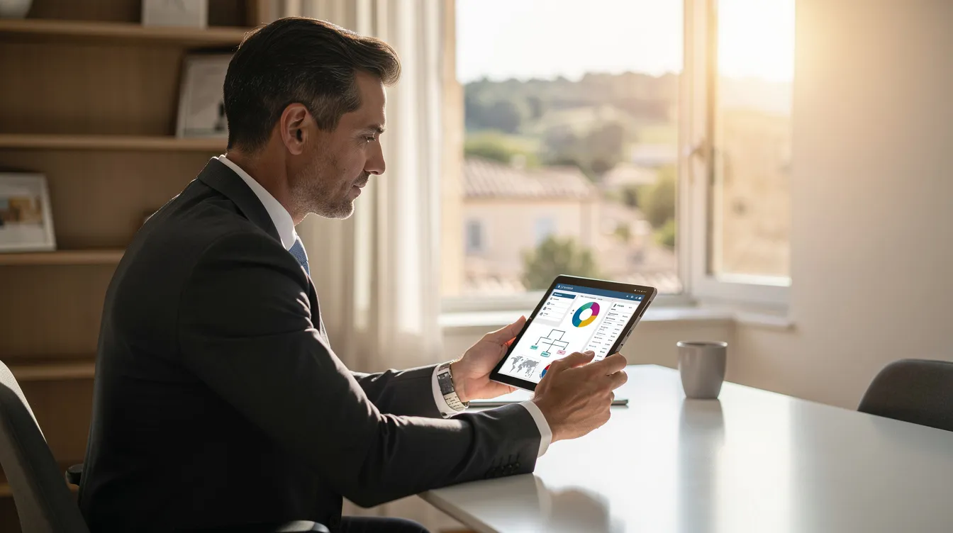 Un dirigeant de PME à Salon-de-Provence analyse des processus d'entreprise sur une tablette lors d'un audit IA.