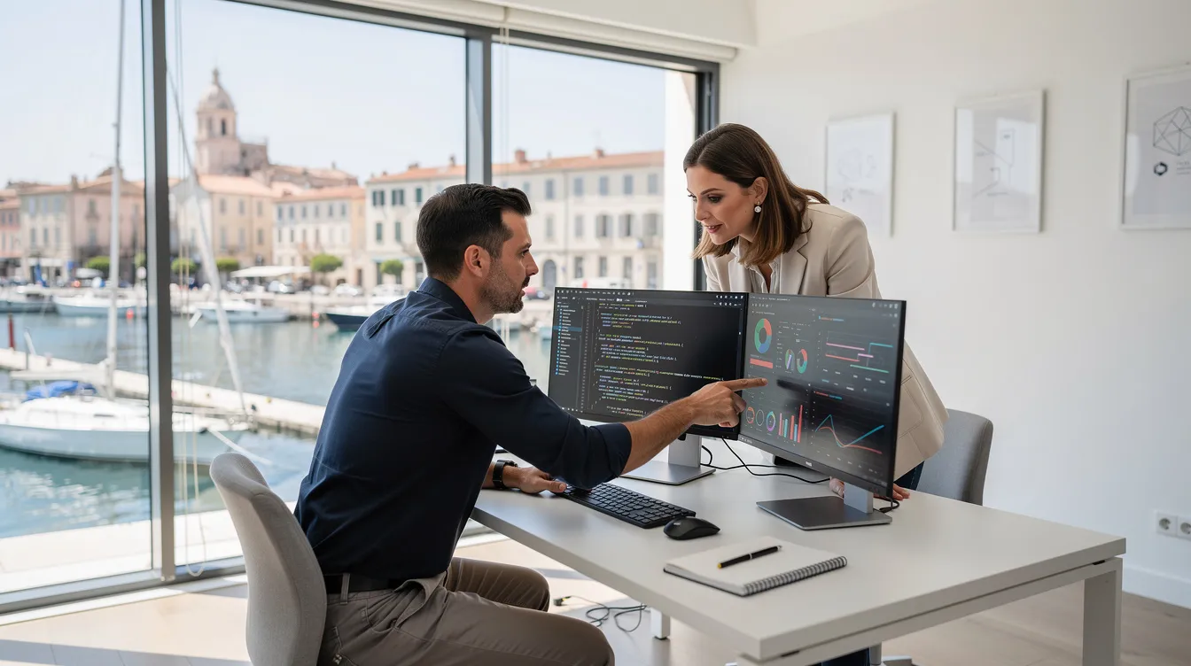 Deux experts en intelligence artificielle collaborant sur un projet dans un bureau moderne à Marseille.