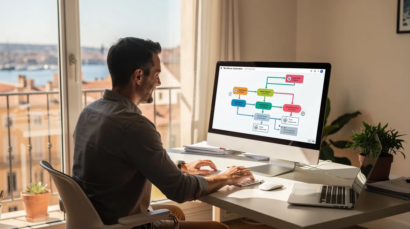 Dirigeant de PME utilisant un agent IA pour automatiser ses processus métier sur son ordinateur.