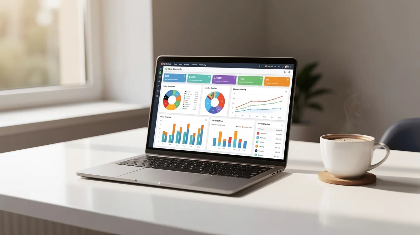 A laptop on a desk showing a content analytics dashboard, representing an AI powered writing assistant at work