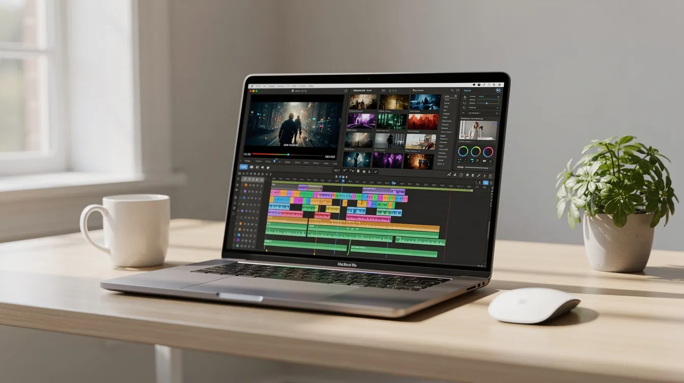 A Mac laptop on a desk displaying screen and sound recording software.