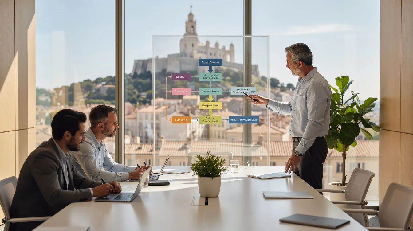 Un consultant réalisant un audit IA pour des dirigeants de PME dans un bureau à Marseille.