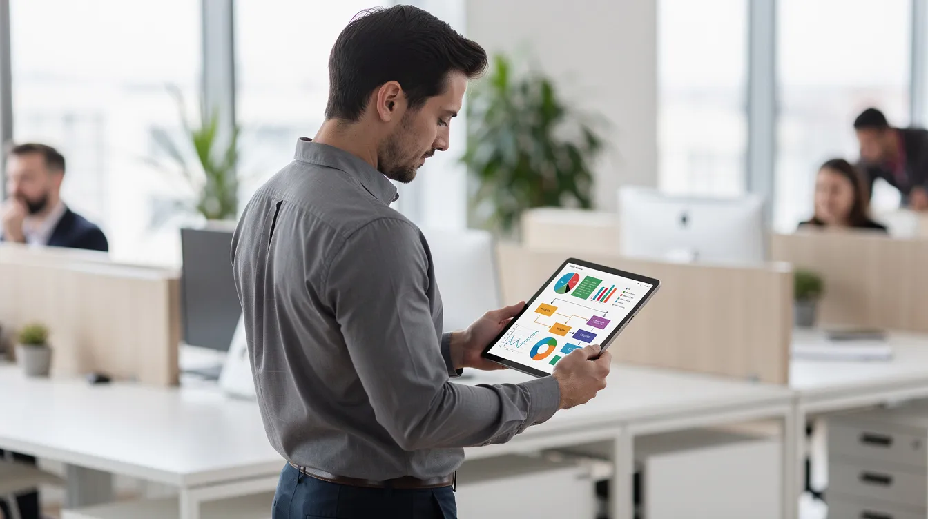 Un dirigeant de PME utilisant une plateforme IA sur une tablette pour optimiser ses processus d'entreprise.