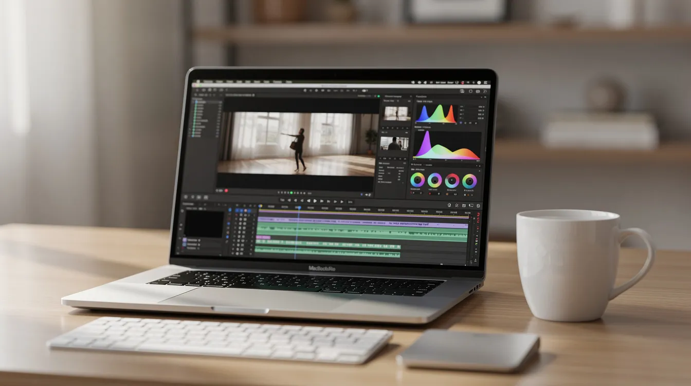 A person's desk showing a Mac laptop where a screen recording is being edited.