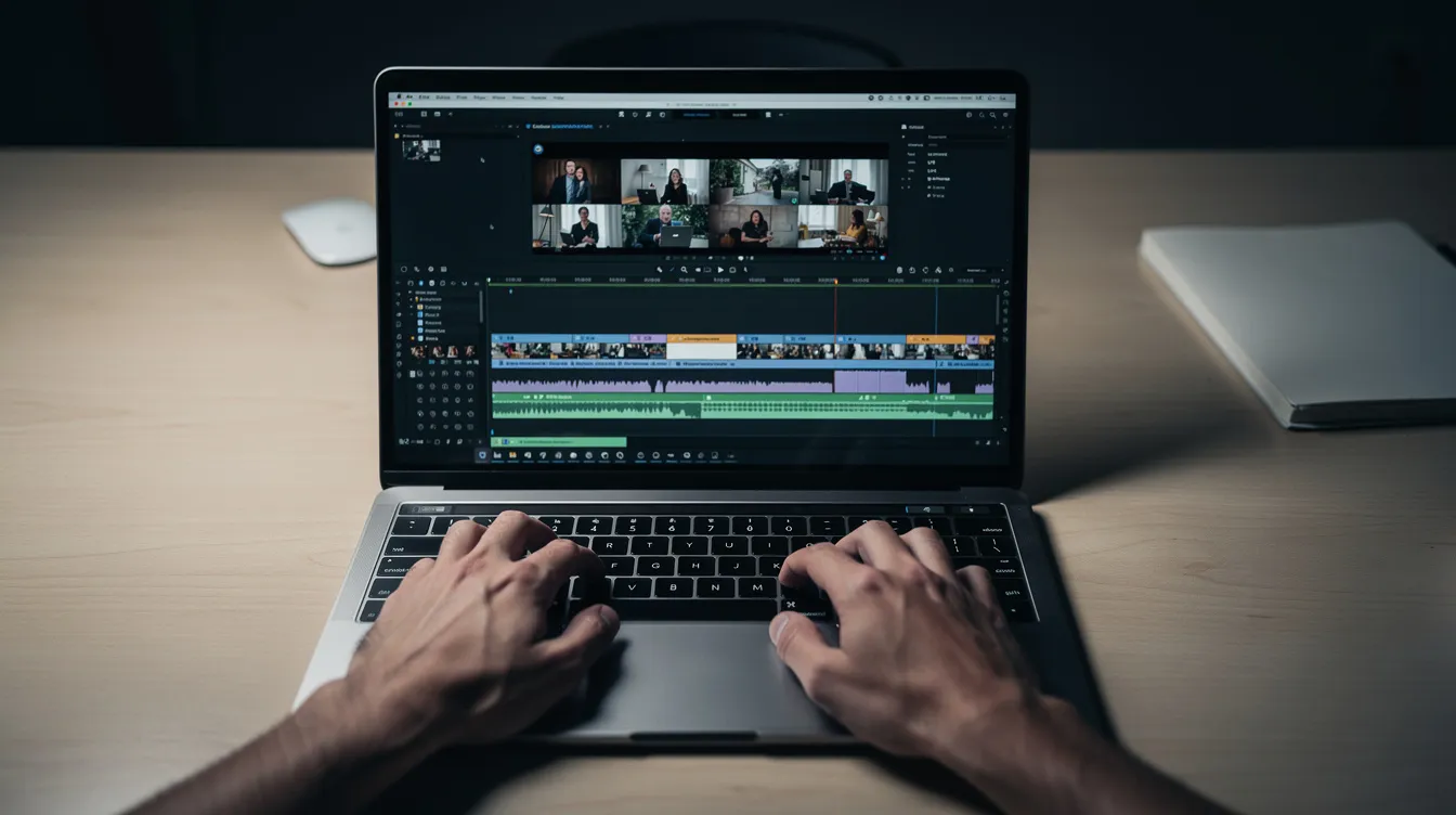 A person editing a video on a laptop, demonstrating professional video editing tips.