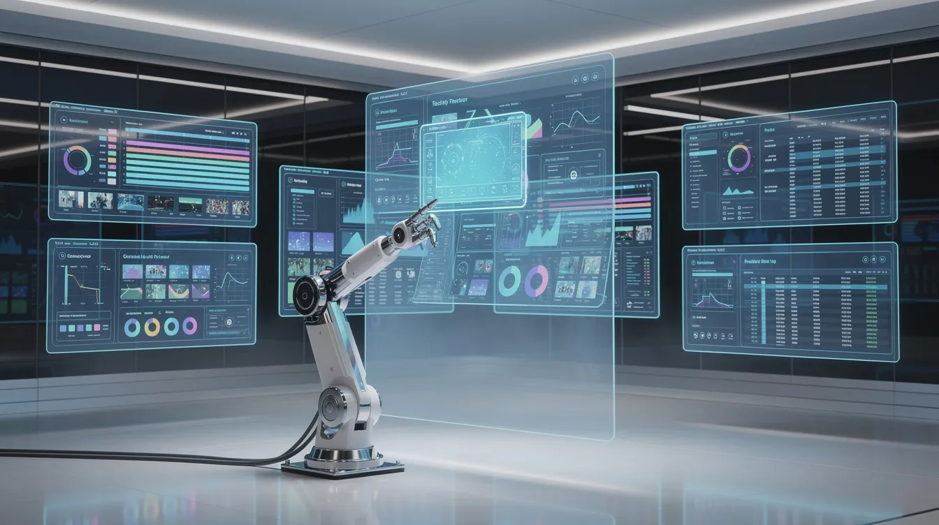 An illustration of a futuristic interface showing automated content creation workflows being managed by a robotic arm, symbolizing AI's role in the process.