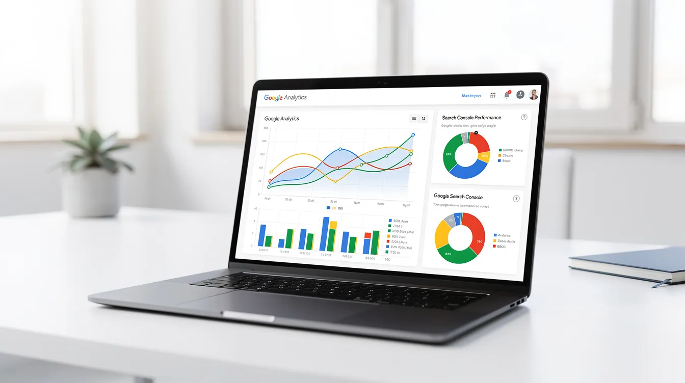 A laptop displaying a dashboard that integrates Google Analytics and Search Console data for SEO analysis.