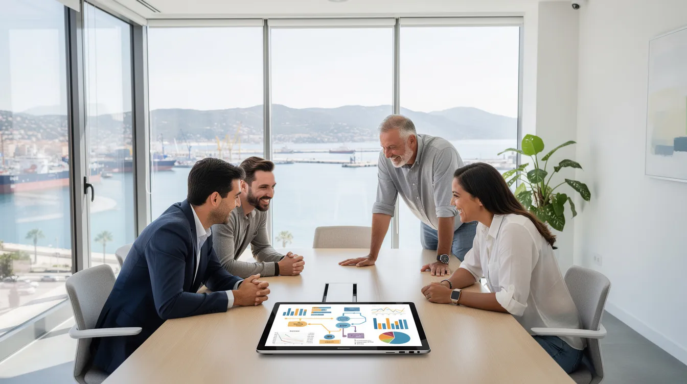 Équipe de professionnels en réunion pour un audit IA dans un bureau avec vue sur le port de Toulon.