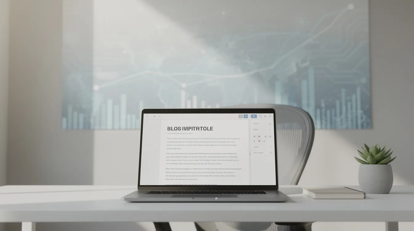 A laptop on a desk displaying an AI blog writing software interface, with data graphics in the background symbolizing automation.