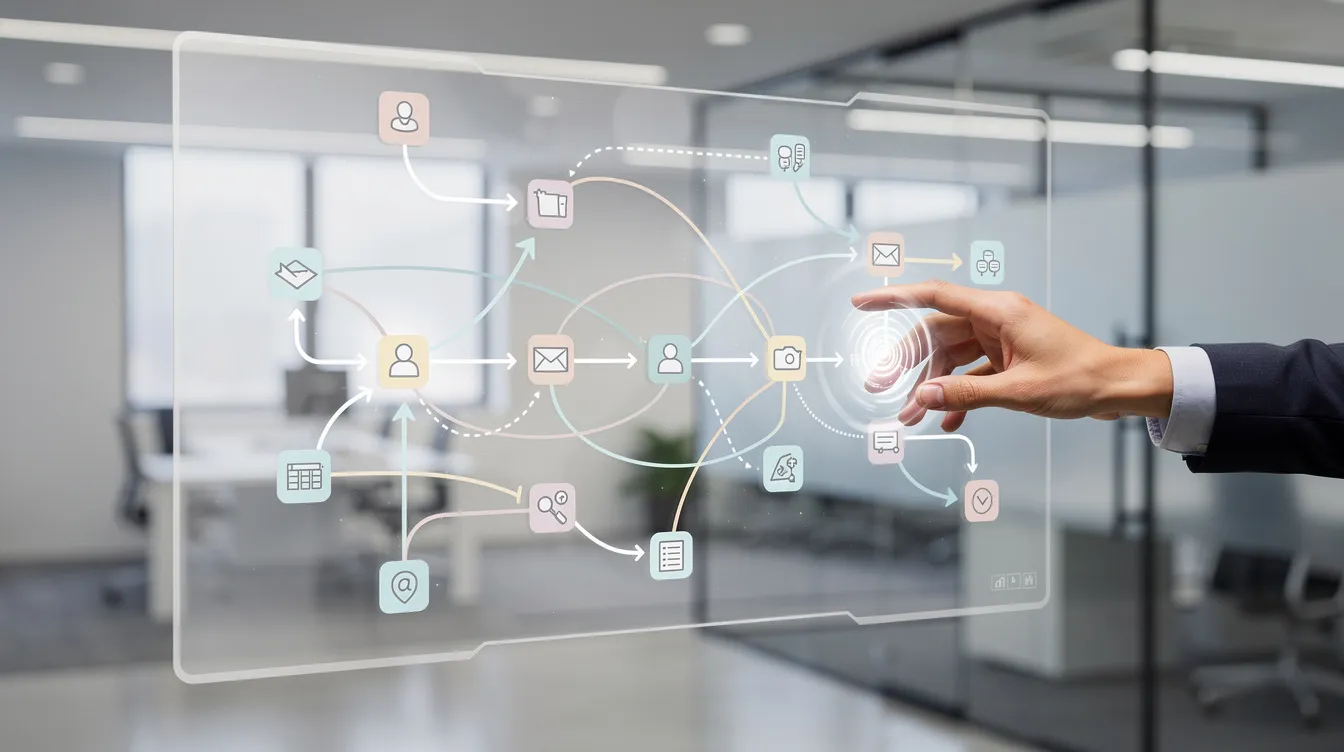 Interface d'automatisation CRM montrant des flux de travail connectés, symbolisant l'efficacité et la technologie.