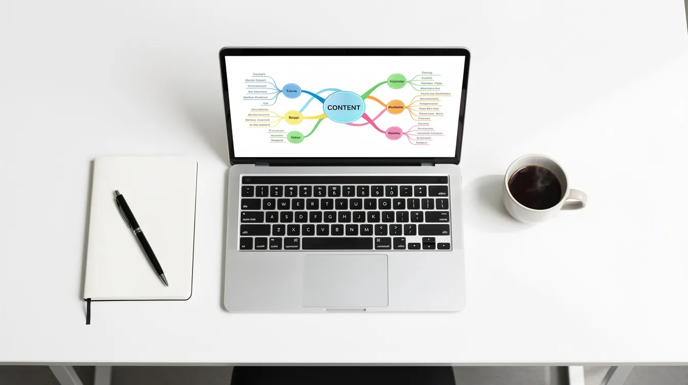 A desk with a laptop showing an AI content idea generator's mind map of topics.