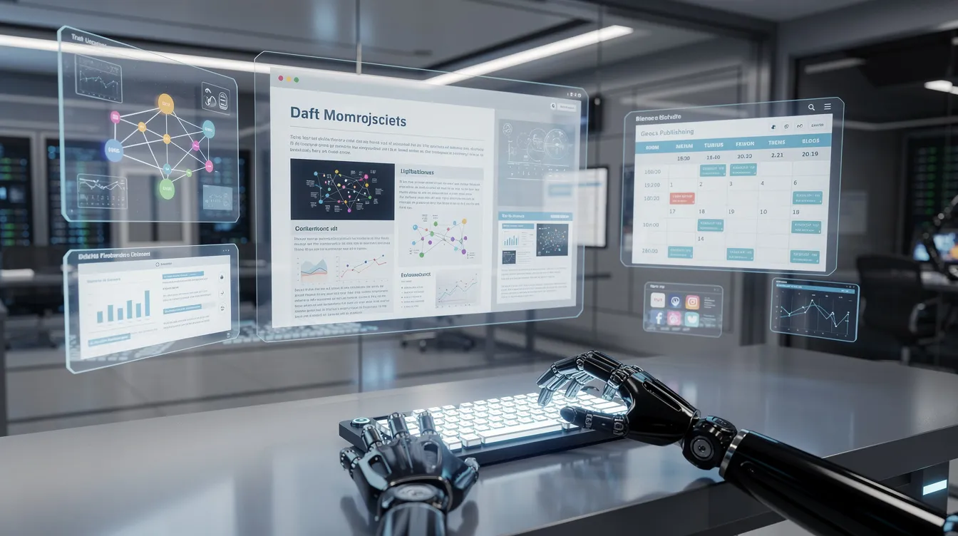 A futuristic command center with holographic screens displaying content marketing analytics, symbolizing content marketing automation tools.