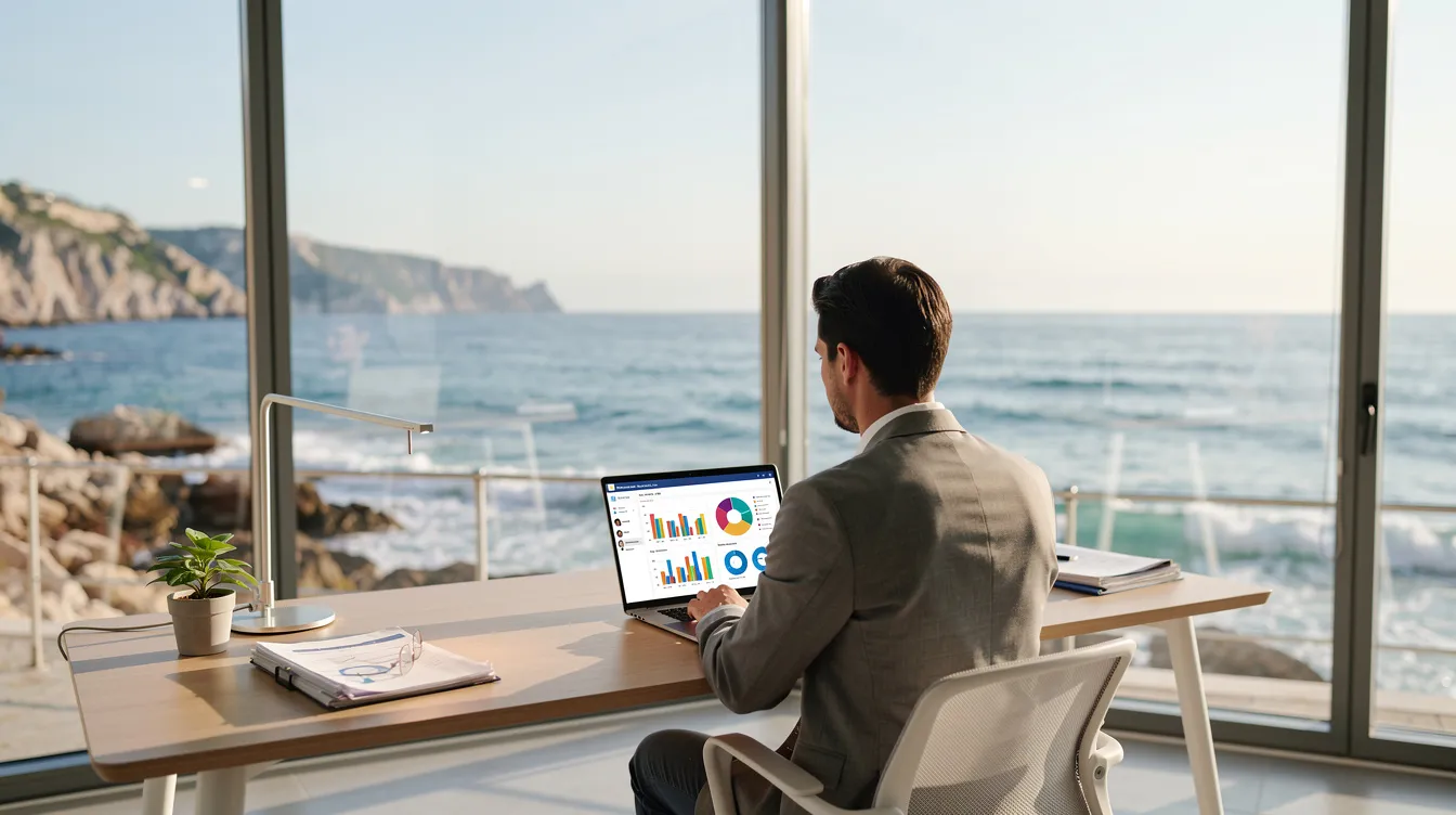 Un professionnel travaillant sur Microsoft 365 dans un bureau avec vue sur la mer à La Ciotat.
