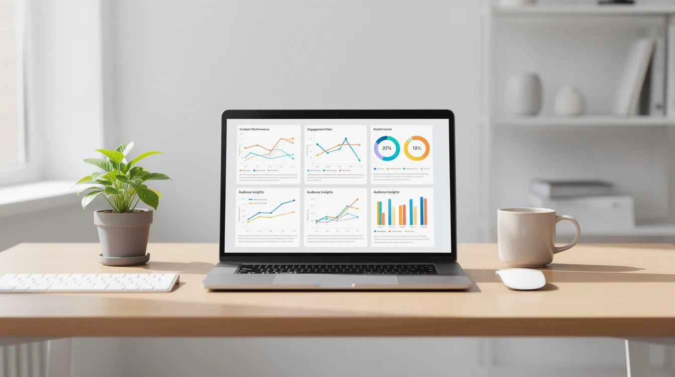 A laptop on a desk displaying an AI SEO content writer's analytics dashboard.