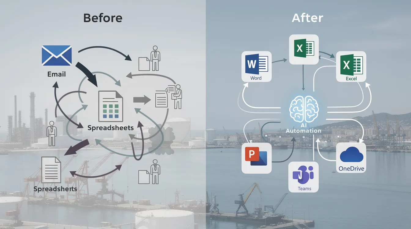 Diagramme avant/après montrant l'automatisation d'un processus métier grâce à l'intégration de l'IA à Microsoft 365 pour une PME à Martigues.