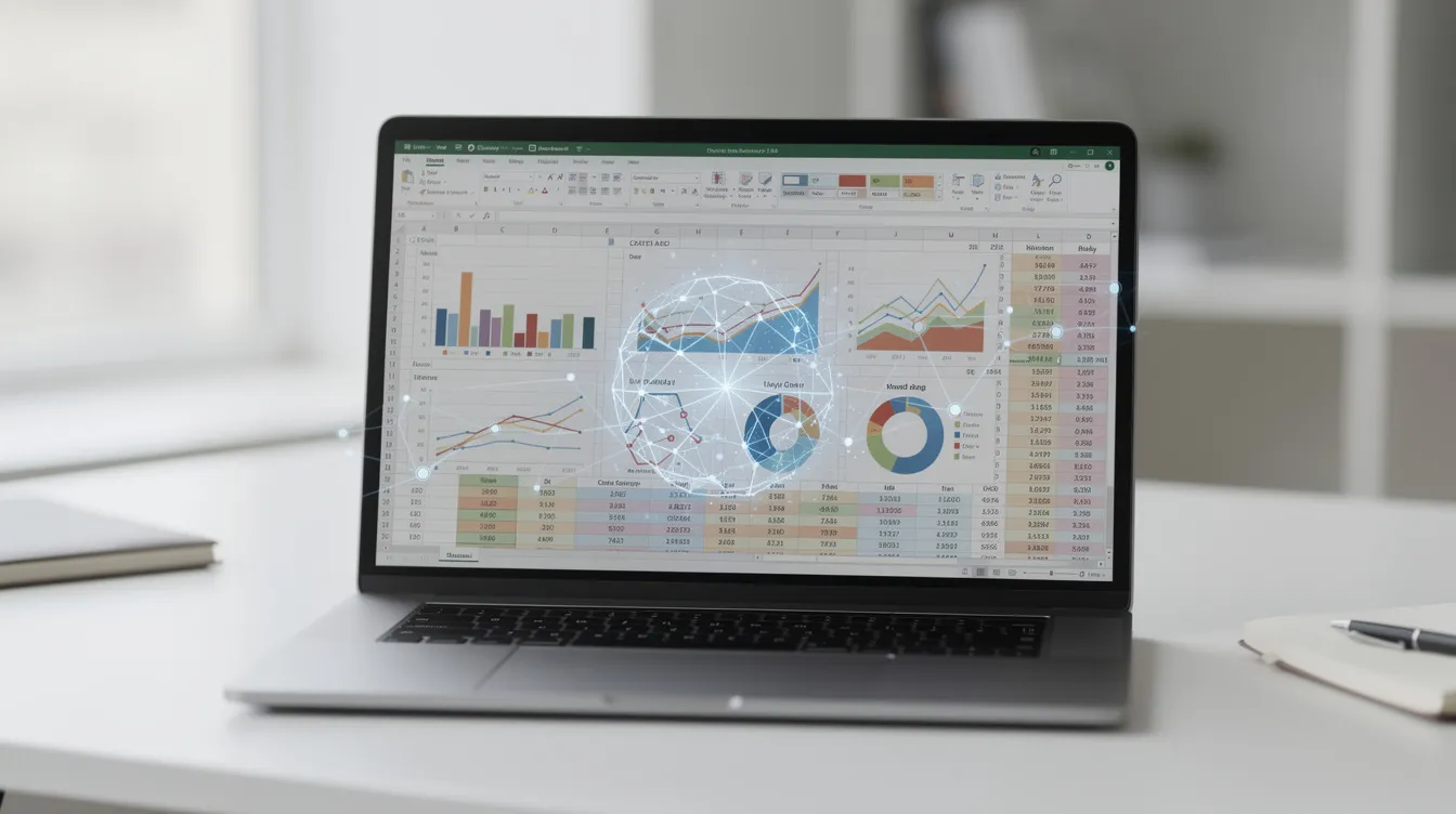 Un ordinateur portable affichant un tableau de bord Excel avec des graphiques générés par une intelligence artificielle.