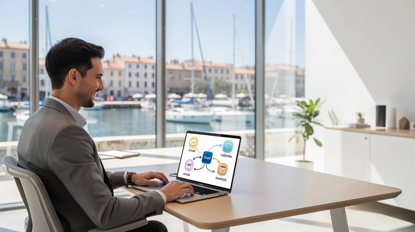 Un bureau professionnel à Marseille visualisant un schéma d'automatisation des tâches sur un ordinateur portable.