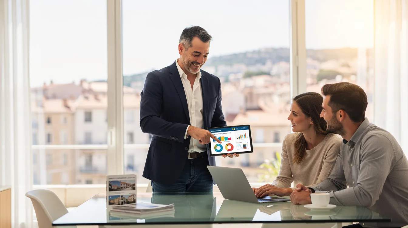 Agent immobilier présentant des analyses de marché via l'intelligence artificielle sur une tablette à un couple de clients.