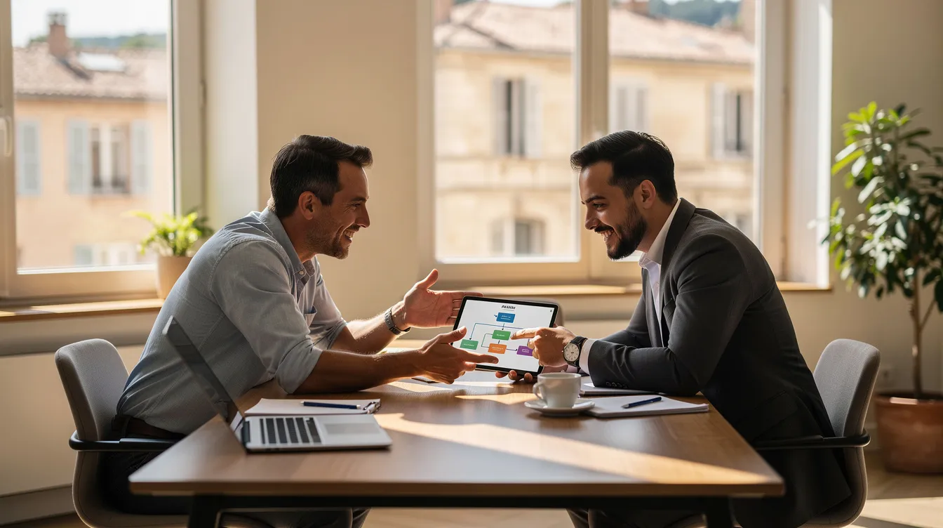 Un consultant en intelligence artificielle discute d'une stratégie d'automatisation avec un dirigeant de PME à Aix-en-Provence.