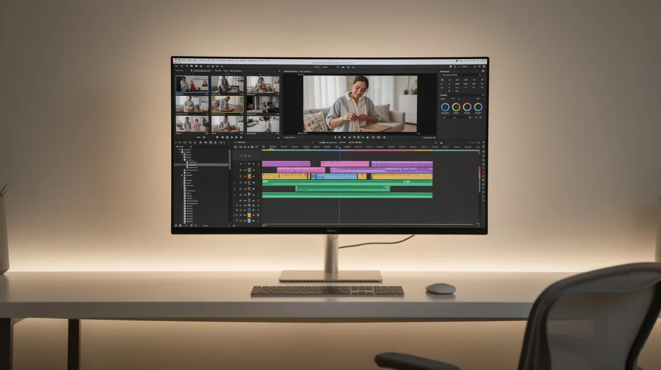 A modern computer screen showing a professional video editing software interface with a timeline and video clips.